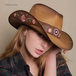 Wide Brim Hats Bucket Hats Three-dimensional embroidery handmade straw hat western cowboy hat men cap outdoor women hat light luxury European and AmericanL231221