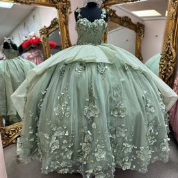 Luxury Mint Green Ball Gown Quinceanera Dress 2024 Sparkly 3D Floral Vestido De 15 Anos Sweet 16 Birthday Pageant Princess Party Gown