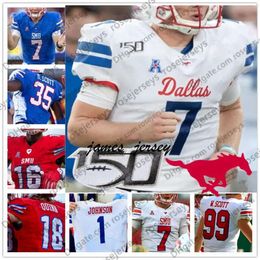 Jam Custom SMU Mustangs 2020 Football White Blue Red 7 Shane Buechele 5 Xavier Jones 3 James Proche 150TH Men Youth Kid Jersey 4XL