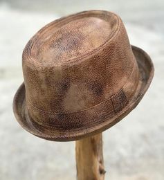 Men Leather Fedora Hat Gentleman Flat Pork Pie Hat For Dad Bowler Jazz Big 4Size S M L XL7750325