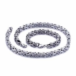 5mm 6mm 8mm wide Silver Stainless Steel King Byzantine Chain Necklace Bracelet Mens Jewellery Handmade227Z