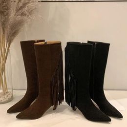 Boots High Quality Woman Velvet Suede Stiletto Heel Knee Pointed Toe Female Side Zipper Fringe Black Brown Shoes