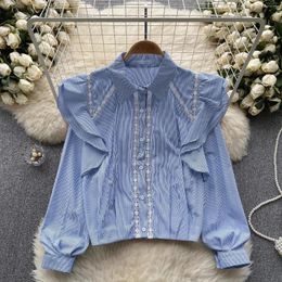 Women's Blouses 2024 Spring Lace Hollow Out Ruffles Blue Striped Shirt Autumn Long Sleeve Single-Breasted White Loose Tops