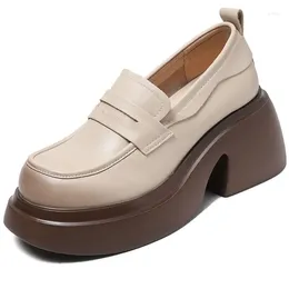 Dress Shoes EAGSITY Cow Leather Women Beige Loafer Square Heel Round Toe Block Platform Ladies Lazy Genuine