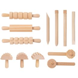 Children Kitchen Play Set Plasticine Accessory DIY Slime Dough Wooden Tools Roller Stamp Rolling Pin Spoon Pretend Utensils 231221
