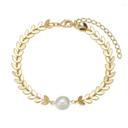 Strand Enosola Simple Female Gold Colour Bangle For Women Jewellery 2023 Trendy Fishbone Link Chain Bracelet With Single Pearl