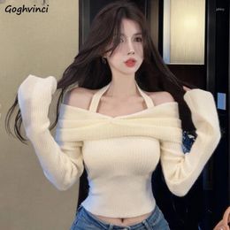 Women's Sweaters Women Knitted Pullovers Autumn Slash Neck Solid Slim Off Shoulder Y2k Clothing Long Sleeve Sweater Sweet Cropped Tops Ins