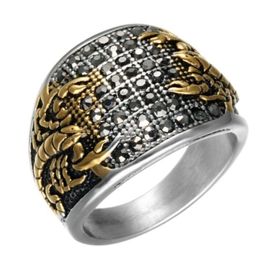316L Stainless Steel Punk Vintage Black Crystal Scorpion Pattern Mens Ring Gold Color Round Titanium Ring Size 7-142453