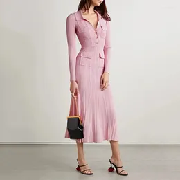 Casual Dresses Women's Pink Knitted Medium-length Dress Senior Sense Of Fashion Temperament Polo Collar Waist-skimming Long 2023