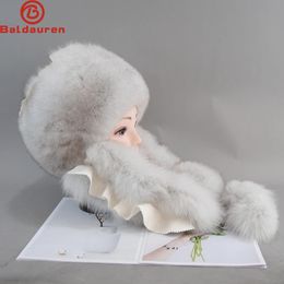 Natural Fox Fur Russian Aviation Hat with Ears Ushanka Women Winter Warm Fluffy Stylish Female Tail Cap Fashion Real Fur Hats 231221