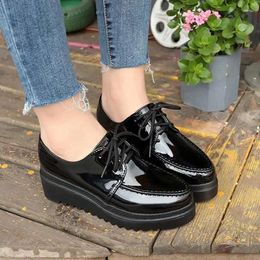 Dress Shoes Women Oxford Lace Up Platform Black Patent Leather Casual Thick Sole Ladies Wedges