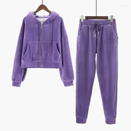 Women's Two Piece Pants S-2XL Womens Sets Autumn Winter Female Hooded Long Sleeve Coat 2pcs Suits Solid Color Loose Add Fleece Ladies