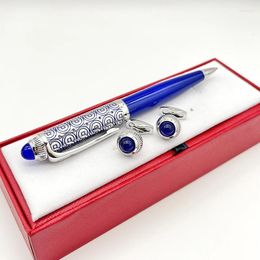 Luxury Classic Blue Circle Pattern Covered Lacquer Barrel Ballpoint Pen Silver Trim Writing Smooth Stationery