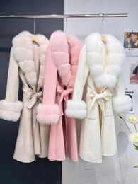 2023 Autumn Winter Women Wool Coat with Belt Double sided Jacket Long Detachable Real Fur Collar Cuffs Ladies Overcoat 231222