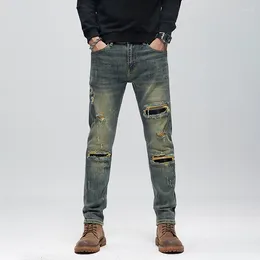 Men's Jeans Leather Patched Skinny Fitting Ripped Wahed Denim Distressed Winter Pants Male
