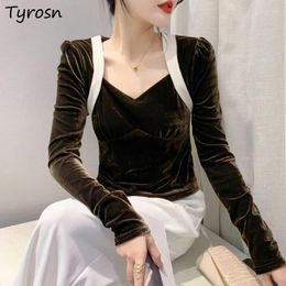 Women's Blouses Autumn Winter Velvet Long Sleeve Women Clothes Vintage Patchwork Design Korean Style Elegant Female Slim Fashion Tops