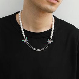 Hip Hop Pearl Stainless Steel Chain Men's and Women's Necklace Fashion Simple Color Butterfly Clavicle Necklace3233