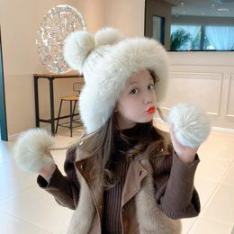 Wide Brim Hats Winter Fashion Lei Feng Hat Children's Warm Real Mink Outdoor Korean Woven Cute HairBall Thickened Storm