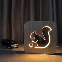 Wooden Squirrel Lamp Kids Bedroom Bedside Night Light Solid Wood LED USB Power Supply Night Light for Children Gift241L