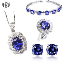 Diamond Color Jewelry Bracelet Tanzanite Petal Ring Blue Crystal Pendant Four Claw Sapphire Earring Jewelry Set3457