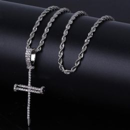 Nail Cross Pendant Gold Silver Copper Material Iced CZ Pendants Necklace With Chain Fashion Hip Hop Jewelry240T