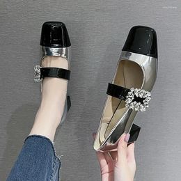 Dress Shoes Mid Heels Women Marie Janes Crystal Chunky Loafers Brand Winter 2024 Square Toe Shallow Pumps Mujer