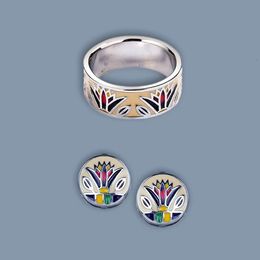 Vintage Fashion Clover Shape Ring Earrings Jewelry Set Handmade Enamel Women's Jewelry Set Floral Women's Jewelry 231221