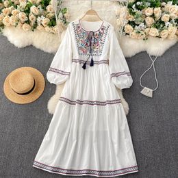 Casual Dresses Boho Maxi Dress Women Embroidery Printing Lantern Sleeve O-neck Female Loose Fit Ladies Lace-up Vestidos Drop