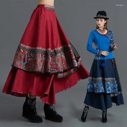 Skirts Vintage Ethnic Style Retro Print Stitching Mesh Large Skirt Women Autumn And Winter Long Women's