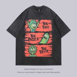 Men's Tshirts Tkpa American Hip Hop Trendy Brand Fun Cartoon Printed Washed Old Short Sleeved Tshirt for Men and Women Oversize Half t Sdk