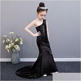 Girl'S Dresses Black Sequin Mermaid Dress Age For 3-14 Yrs Teenage Girls One-Shoder Vintage Noble Graduation Gowns Evening Party Kid Dho1J