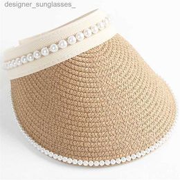 Visors Summer Empty Top Sunc Wide Brim Pearls Women Sun Hat Casual Str C UV Protection Sun Visor Hat Beach C Khaki Black WhiteL231218