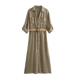 Casual Dresses Early Autumn Fashion Women's Temperament College Style V-neck Long-sleeved Belt Linen Blend Midi Dress