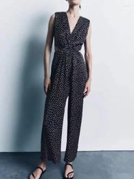 Women's Pants 2023 Summer Women Polka Dot Printed Jumpsuit Sleeveless With A Surplice Neckline Back Hollow Out Design