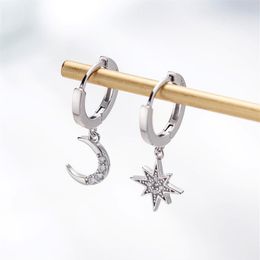 Star Moon Asymmetrical 925 Sterling Silver Cubic Zirconia Hoop Earrings for Women Fashion CZ Circle Ear Ring Earings Jewelry260r