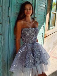 Shiny Sequined Short Cocktail Prom Dresses 2024 Women Strapless Formal Party Grey Graduation Homecoming Gowns Vestido De Gala Robe De Soiree