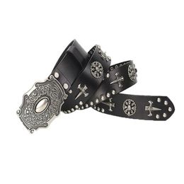 Belts Western Fashion Skull Rivets Studded Men Women Genuine Leather Waist Strap Punk Rocky Paisley Embossing Buckle254W