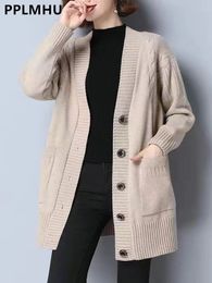 Oversized 4xl Knit Cardigan Coat Women Midlength Sweater Jackets Korean Mom Knitwear Tops Casual Loose Gilet Long Sleeve Sueter 231221