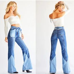 Women's Pants Casual Jeans Fashion Retro High Waist Two-color Stitching Belt Multi-pocket Design Beautiful Denim Flared