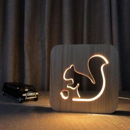 Wooden Squirrel Lamp Kids Bedroom Bedside Night Light Solid Wood LED USB Power Supply Night Light for Children Gift278M