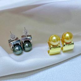 Stud Earrings MeiBaPJ 9-10mm Natural Golden Round Pearls Fashion DIY 925 Silver Holder Fine Charm Wedding Jewelry For Women