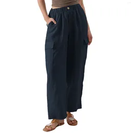 Women's Pants 9-Pant Casual Loose High Waist Cotton Linen Wide Leg Long With Pockets Causal Full Length Trousers Vintage