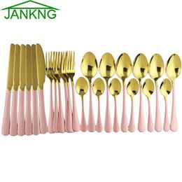 24Pcs Pink Gold Dinnerware Mirror Cutlery Set Kitchen LNIFE Spoon Fork Dinner Set 304 Stainless Steel Dinnerware Silverware Plated216g