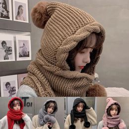 Korean Scarf Hat Women Balaclava Twist Trim Ear Protection Thickened Knitted Cap Cute Plush Balls Decor Hooded Scarves 231221