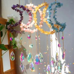 Garden Decorations Crystal Glass Prism Suncatcher Hanging Ornament Natural Amethyst Healing Stone Chips Copper Sheet Moon Shape Sun Catcher