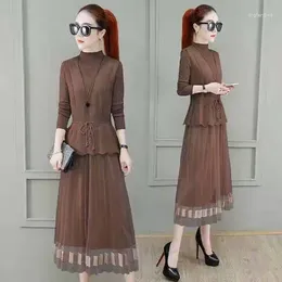 Work Dresses Women's Autumn Fashion Knitted Sweater And Strap Dress Two-piece Elegant In Matching Sets Ladies Mesh Print Skirt Suit G543