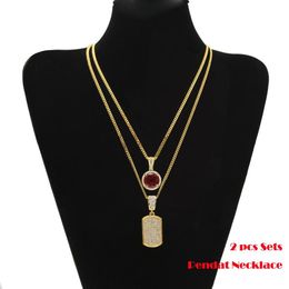 2pcs Sets Pendant Black Red Blue Mini Round Gemstone Big Rhinestones Dog Tag Cuban Chain Two Necklace Men Women HipHop Jewellery 2 N293b