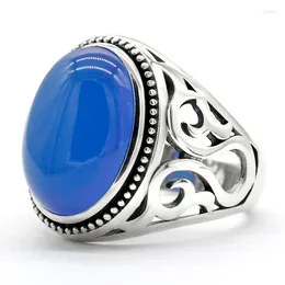 Cluster Rings Luxury Fashion Natural Blue Agate Ring 925 Sterling Silver For Men's Boyfriend Jewellery Gift