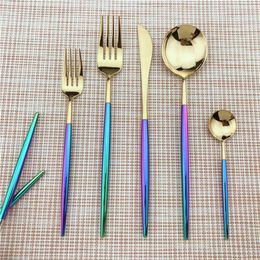 Korean Royal 5PCS Colourful Gold Silver Dinnerware Set 18 10 Stainless Steel Silverware Set Rainbow Tableware Cutlery LNIFE Teaspoo2425