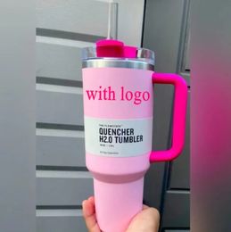 PINK Flamingo 40oz Quencher H2.0 Coffee Mugs Cups outdoor camping travel Car cup Stainless Steel Tumblers Cups with Silicone handle Valentine's Day Gift 1:1 Same 12.22